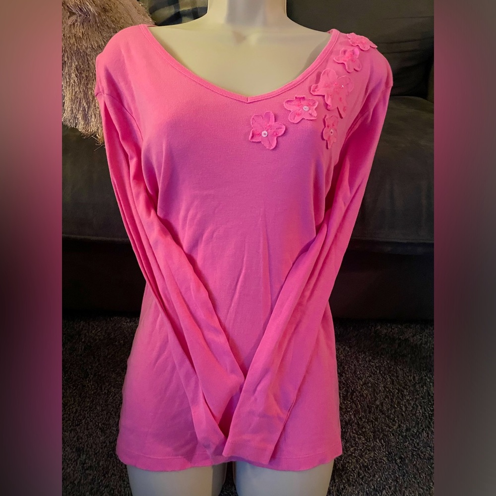 Cable & Gauge 1X Pink Floral Long Sleeve